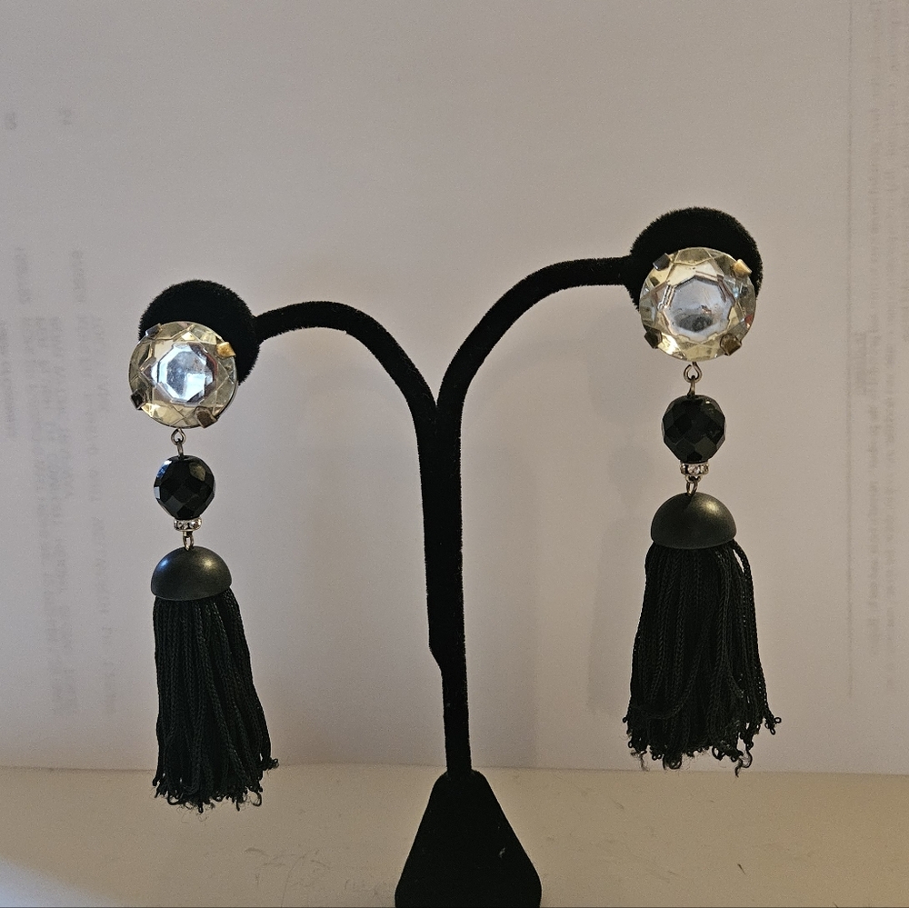 Vintage Maria Calderara Black and Clear Crystal Tassel Earrings
